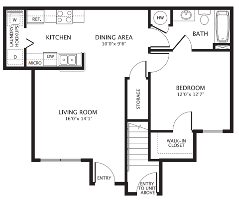 Floor plan for 1 bed, 1 bath, 656 sqft